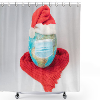 Personality  The Globe Is Wearing A Medical Mask Christmas Cap And Red Warm Scarf. White Background. Concept, Our World Is Infected With Coronavirus. Christmas, New Year Stay Home Quarantined Shower Curtains