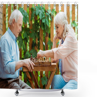 Personality  Retired Woman With Grey Hair Playing Chess With Senior Husband  Shower Curtains