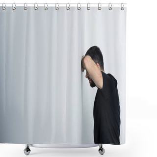 Personality  Adult Upset Man In Black T-shirt Standing By White Wall  Shower Curtains