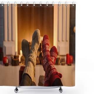Personality  Cropped View Of Women Wearing Winter Socks With Fireplace On Background Shower Curtains