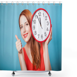 Personality  Redhead Girl With Huge Clock On Blue Background. Shower Curtains