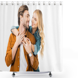 Personality  Happy Young Couple Embracing And Looking At Each Other Isolated On White  Shower Curtains