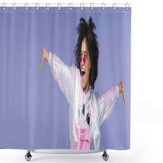 Personality  Amazed African American Woman In Stylish Sunglasses Standing With Outstretched Hands Isolated On Purple, Banner Shower Curtains