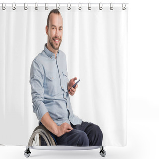 Personality  Man In Wheelchair With Smartphone Shower Curtains