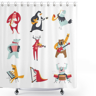 Personality  Cartoon Animals And Birds Playing Music Shower Curtains