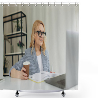 Personality  Portrait An Attractive Mature Businesswoman Working On Laptop In Her Workstation Shower Curtains