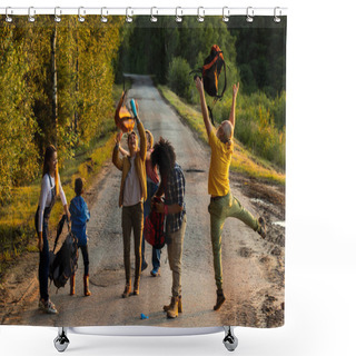 Personality  The Image Portrays A Group Of Friends In A Spontaneous Moment Of Celebration On A Country Road, Lined With Trees Showing Early Autumn Colors. The Groups Composition Is Diverse, Including A Young Boy Shower Curtains