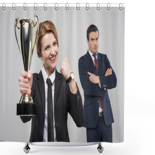 Personality  Excited Businesswoman With Trophy Cup And Upset Businessman Behind, Isolated On Grey Shower Curtains