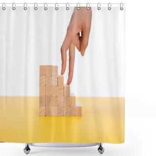 Personality  Cropped View Of Woman Stepping With Fingers On Wooden Steps On Yellow Surface Isolated On White Shower Curtains