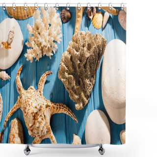 Personality  Top View Of Stones, Coral And Seashells On Wooden Blue Background Shower Curtains