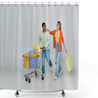 Personality  Excited Interracial Couple Walking With Trolley And Shopping Bags On Grey Backdrop, Consumerism Shower Curtains