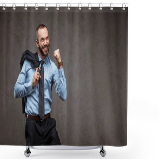 Personality  Cheerful Businessman In Suit Gesturing While Celebrating On Grey  Shower Curtains