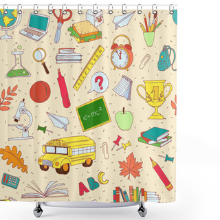 Personality  Back To School Seamless Pattern Of Kids Doodles With Bus, Books, Shower Curtains