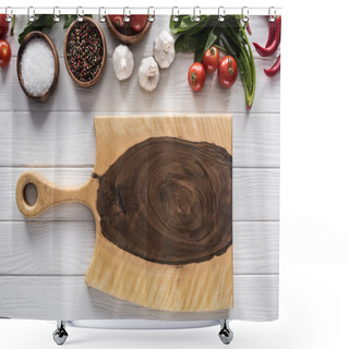 Personality  Top View Of Cutting Board, Cherry Tomatoes, Greenery, Chili Peppers, Salt, Garlics And Spices  Shower Curtains