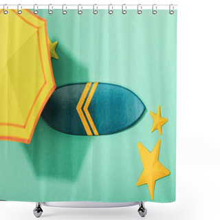 Personality  Top View Of Paper Yellow Umbrella Near Starfishes And Surfboard On Turquoise Background Shower Curtains