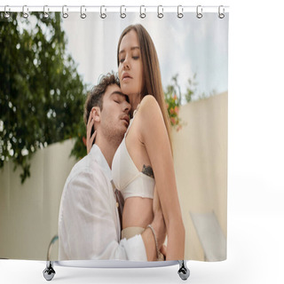 Personality  Tattooed Woman Hugging Passionate Man During Summer Vacation, Sexy Couple Having Romantic Getaway Shower Curtains