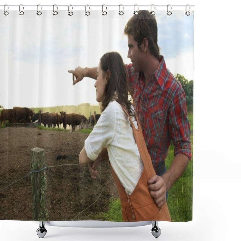 Personality  couple pointing at herd of bulls shower curtains