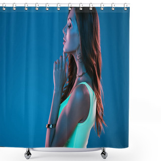 Personality  Side View Of Attractive, Sexy Girl In Swimsuit Touching Chin Isolated On Blue Shower Curtains