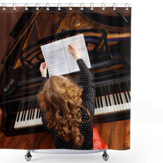 Personality  Young Woman Musician Writes In Music Book Pencil. Shower Curtains