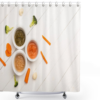 Personality  Top View Of Bowls With Baby Food With Vegetables On White Wooden Background Shower Curtains