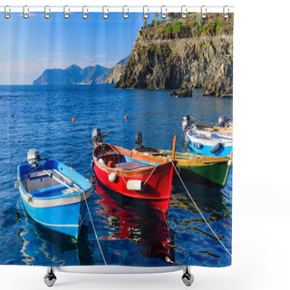 Personality  Fishing Boats At Manarola, One Of The Five Mediterranean Villages In Cinque Terre, Italy, Famous For Its Colorful Houses And Harbor Shower Curtains
