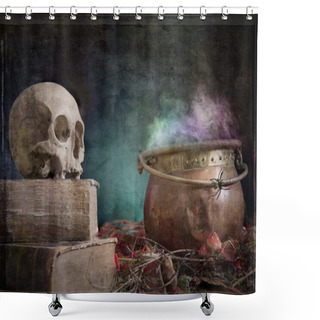 Personality  Old Skull On Old Book And Copper Cauldron Shower Curtains