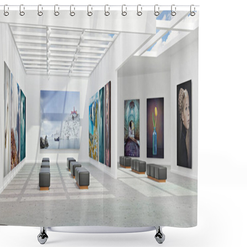 Personality  An art gallery with canvas and abstract istallation, 3D illustration shower curtains
