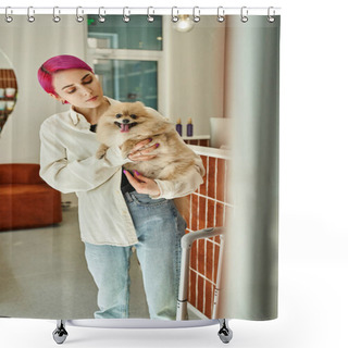 Personality  Woman With Purple Hair Holding And Hugging Pampered Pomeranian Spitz Near Reception In Pet Hotel Shower Curtains