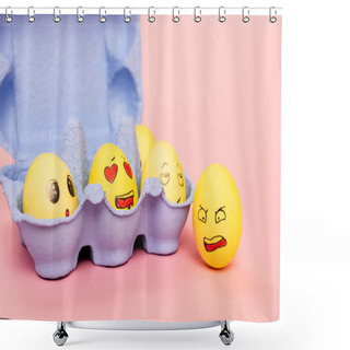 Personality  Funny Chicken Eggs With Facial Expressions In Egg Tray On Pink, Easter Concept Shower Curtains