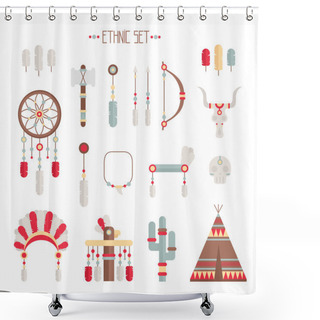 Personality  Vector Colorful Ethnic Set With Dream Catcher, Feathers, Arrows And American Indian Chief Headdress In Native Style. Decorative Elements. Tribal Native American Set Of Symbols. Shower Curtains