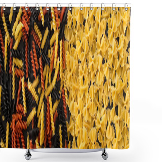 Personality  Top View Of Raw Colorful Fusilli And Farfalle Pasta, Panoramic Shot Shower Curtains