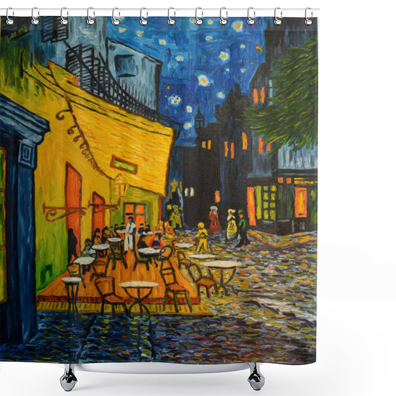 Personality  Painting Oil On Canvas. Free Copy Based On The Famous Painting By Vincent Van Gogh - Cafe Terrace On Forum Square, Arles, 1888. Shower Curtains