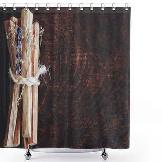 Personality  Artificially Expanded Image. Bundle Of Palo Santo Sticks From Bursera Graveolens (holy Wood) Tree, Tied With Yarn, Decorated With Dried Flowers. Free Background Banner Space Of Dark Brown Wooden Table Shower Curtains