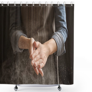 Personality  Woman Clapping Hands And Sprinkling Flour On Black Background Shower Curtains