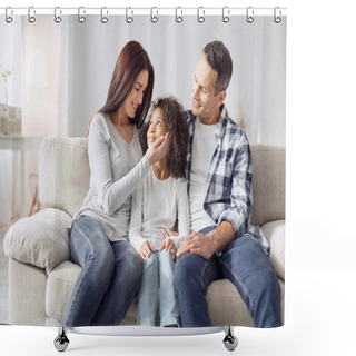 Personality  Delighted Family Sitting On The Sofa Shower Curtains