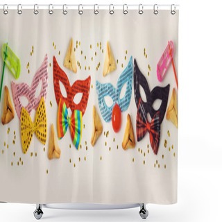 Personality  Jewish Holiday Purim Celebration Background With Traditional Cookies And Carnival Mask Shower Curtains