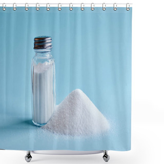 Personality  Close-up Photo Of Spilled Salt And Saltshaker On Blue Background Shower Curtains