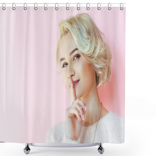 Personality  Beautiful Blonde Girl Gesturing For Silence And Looking At Camera Isolated On Pink Shower Curtains
