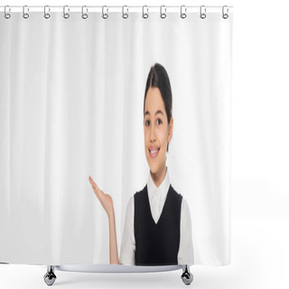 Personality  Joyful Schoolgirl Showing Something With Hand, Pointing And Looking At Camera, Presenting, Banner Shower Curtains