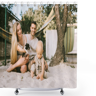 Personality  Happy Family With Little Son And Kitten At Countryside Shower Curtains