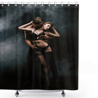 Personality  Passionate Man Hugging And Kissing Attractive Woman On Black With Smoke  Shower Curtains