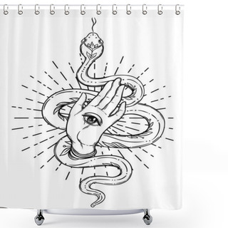 Personality  Magic Hand And Snake. Fortune Telling Concept. Spiritual Palmistry Symbol Logo And Temporary Tattoo. Esoteric Mystical Black Silhouette Serpent For Magic Witch Craft. Vector Outline Illustration. Shower Curtains