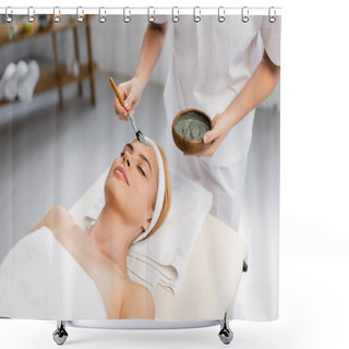 Personality  Beautician Applying Clay Mask On Face Of Woman Lying On Massage Table Shower Curtains