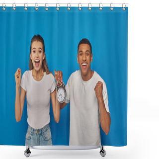 Personality  Excited Interracial Couple With Open Mouth Holding Alarm Clock On Blue Background, Face Expression Shower Curtains