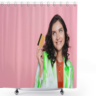 Personality  Dreamy Young Woman In Tie Dye Blazer Holding Credit Card And Smiling Isolated On Pink Shower Curtains