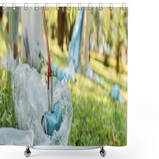 Personality  Cropped View Of Loving Diverse Couple Cleaning In Park. Shower Curtains