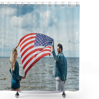 Personality  Blonde Woman And Man In Jacket Holding American Flag  Shower Curtains