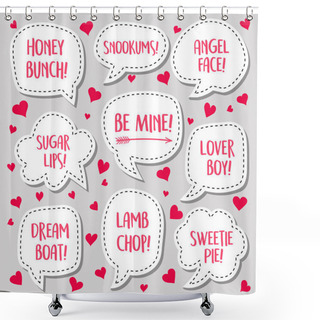 Personality  Seamless Pattern Of Valentines Day Talk Bubbles With Cute Names And Phrases. For Gift Wrap, Backgrounds, Scrapbooks, Banners. Vector Illustration. Shower Curtains
