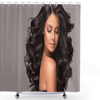 Personality  Portrait Of Brunette Woman With Curly Hair. Shower Curtains