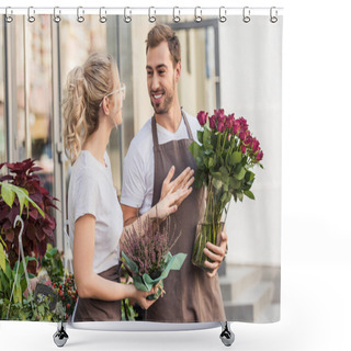 Personality  Happy Colleagues Talking And Standing Near Flower Shop With Potted Plant And Burgundy Roses Shower Curtains